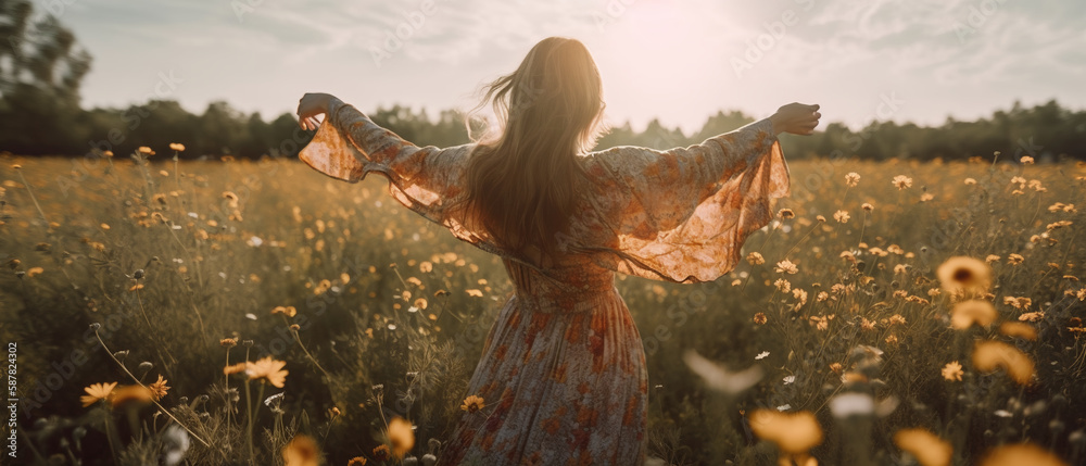 Obraz premium Image Generated AI. Young woman with summer dress standing open arms in a field of wildflowers 