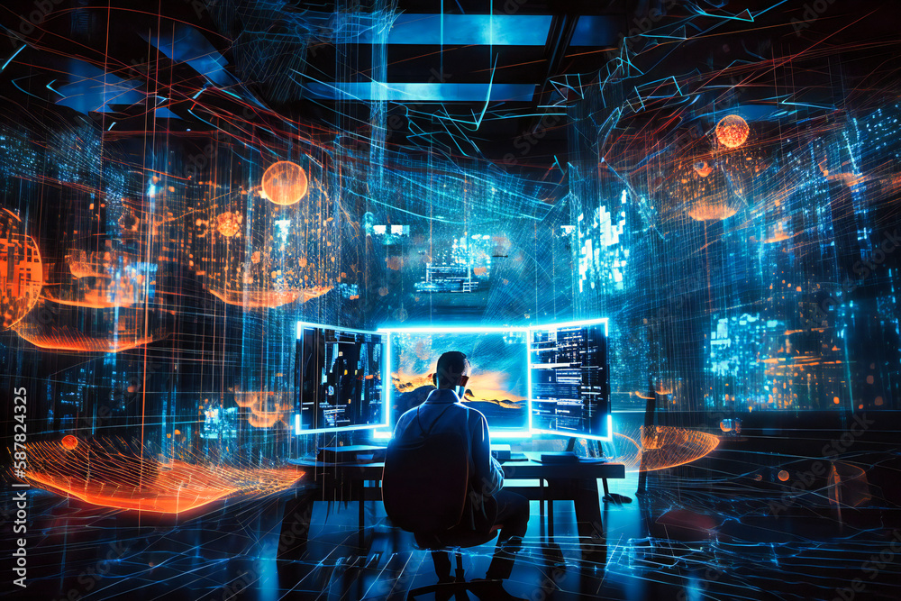 A businessperson explores computer stress and hologram data, uncovering ...