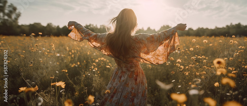  Image Generated AI. Young woman with summer dress standing open arms in a field of wildflowers 