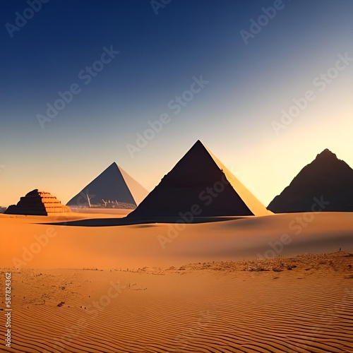 Desert with the great pyramids of ancient Egypt. Giza with pyramids. Fantasy desert landscape. Illuminated neon pyramids