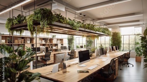 Eco-friendly office with natural lighting and indoor plants  AI generative