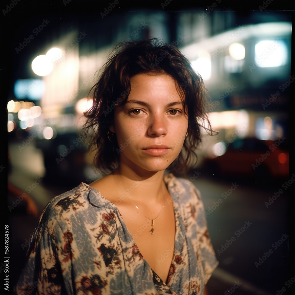 Obraz premium young woman in a Latin american city street at night looking at the camera . Generative AI