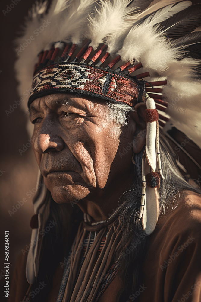illustration of an Native American indian chief with headdress generative ai