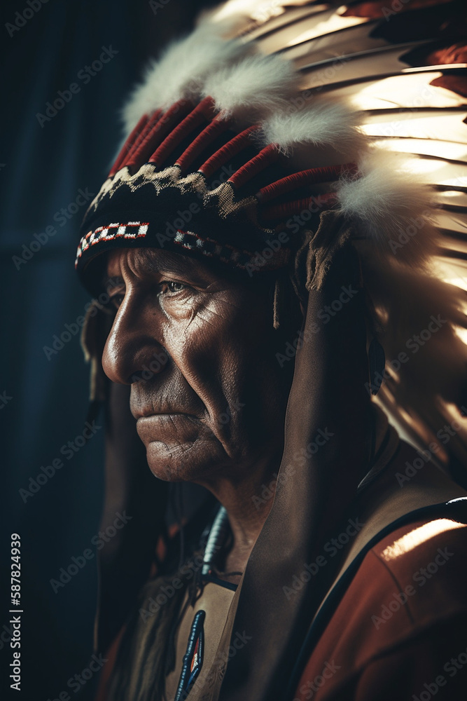 portrait of an Indian chief with feathers headdress 