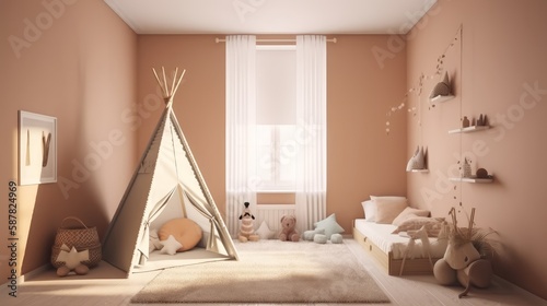 Kids interior bedroom, scandinavian style