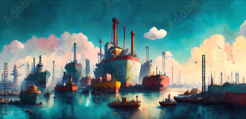 Painting of Industrial Harbor, An area with ships, cranes and cargo containers, a watercolor painting generative ai