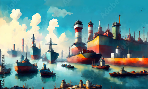 Painting of Industrial Harbor, An area with ships, cranes and cargo containers, a watercolor painting generative ai