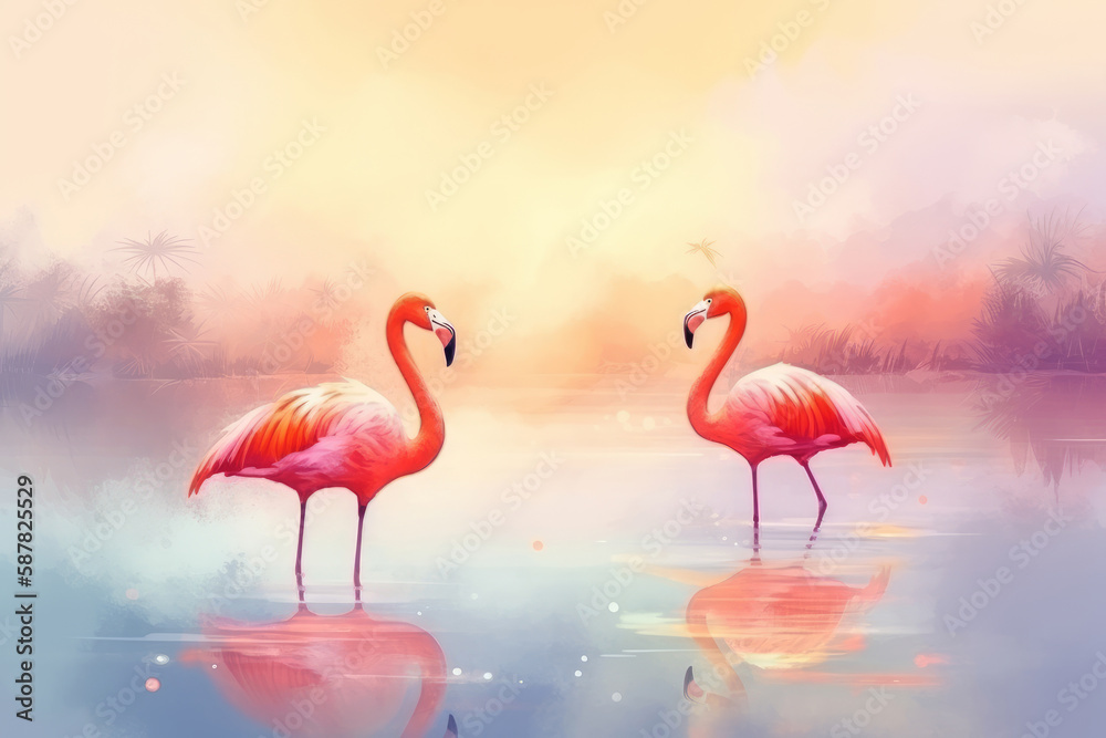 Obraz premium Colorful abstract painting of flamingos in the water
