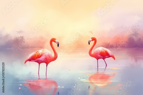 Colorful abstract painting of flamingos in the water