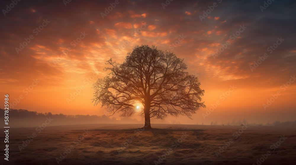 A lone tree or group of trees silhouetted against a beautiful sunrise, AI generative A lone tree or group of trees silhouetted against a beautiful sunrise, AI generative