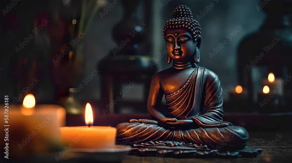 Photo buddha statue with candle light sunset buddha purnima vesak day temples background generative ai