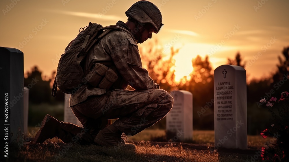 Military man kneeling of grave fallen soldier, sunset. Concept veteran