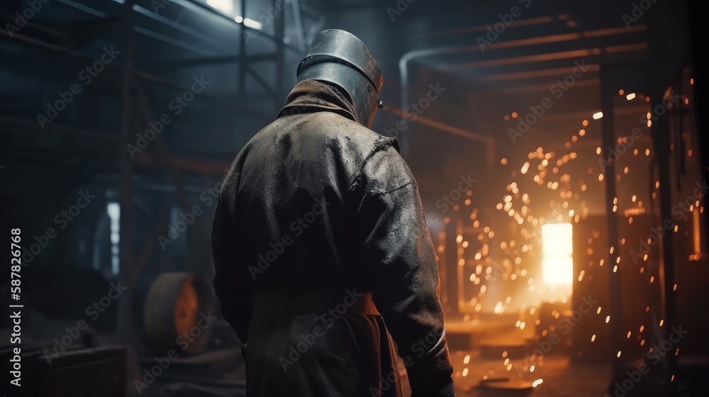 Welder from behind working in iron casting foundry Generative AI Welder from behind working in iron casting foundry Generative AI