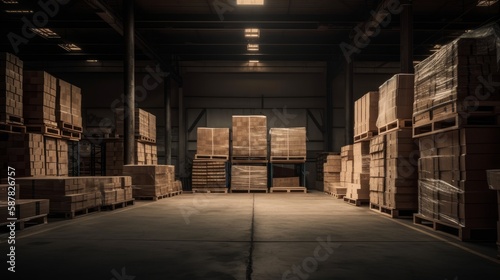 Warehouse storage and shelves with cardboard boxes Generative AI