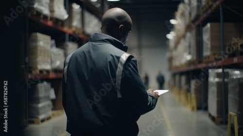 Warehouse employee from behind reading a clipboard Generative AI © The Imaginary Stock
