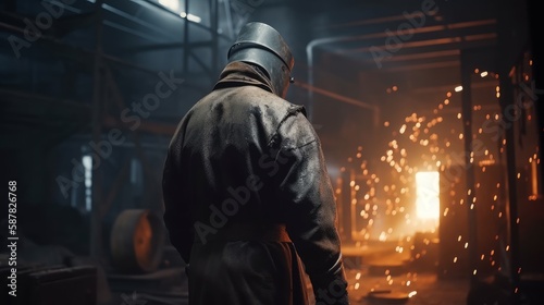 Welder from behind working in iron casting foundry Generative AI