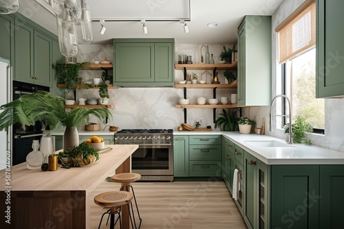 Stylish modern open plan kitchen featuring green woodentable, wood cupboards and off white marble counters, AI generative