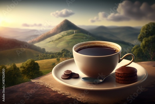 Cup of tea with dessert on beautiful landscape background. Generative AI
