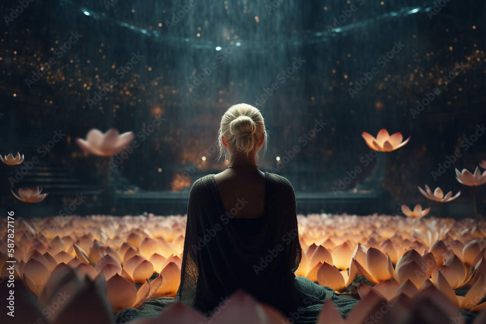 Fototapeta premium Young beautiful girl sits in lotus pose in fairy fantasy place with lotus flowers. Meditation practice, yoga pose, zen relaxation, religion. Creative art generated by AI
