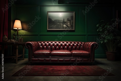 Dark Red Leather Couch in Deep Green and Rich Green Room - Generative AI  © creatorcave