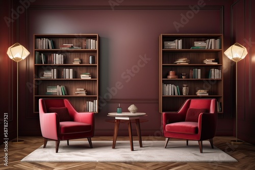 Burgundy and Gold Room with Dual Modern Armchairs by Bookshelf - Generative AI 