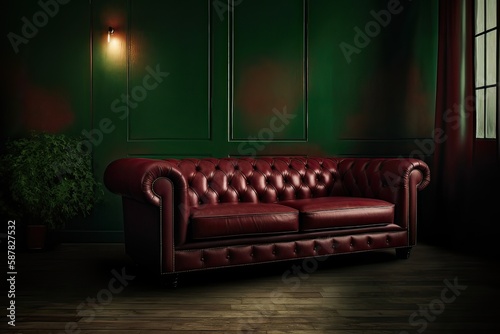 Dark Red Leather Couch Centerpiece in Stylish Living Room - Generative AI  © creatorcave