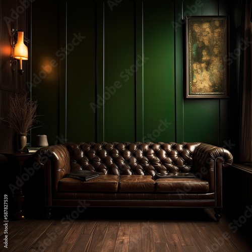 Dark Brown Couch in Rich Green Vibrant Room - Generative AI	