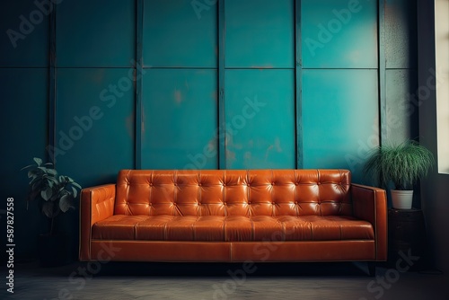 Orange Leather Couch in Deep Turquoise Room - Generative AI  © creatorcave