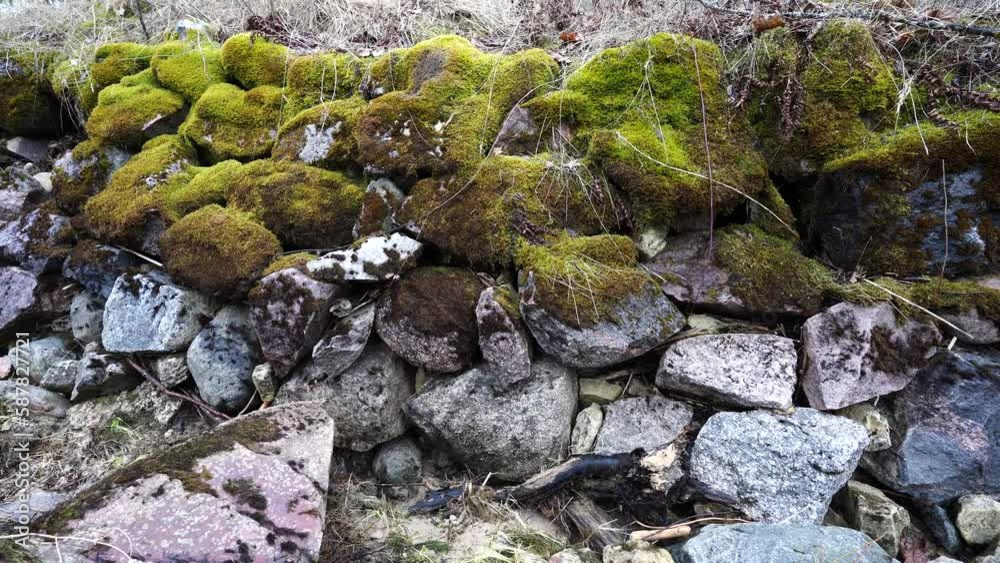 old stones piled up and covered with green moss old stones piled up and covered with green moss