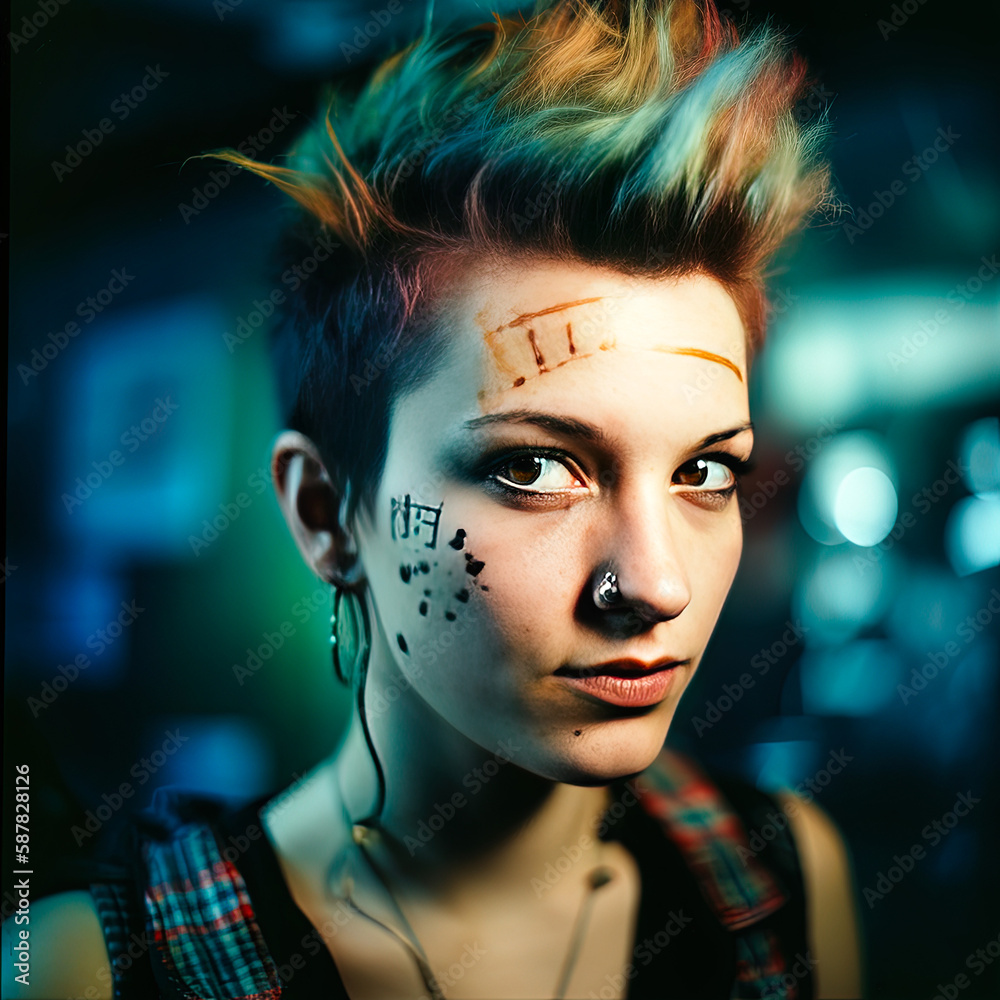 Postpunk Woman with Multicolored Haircut - generative ai