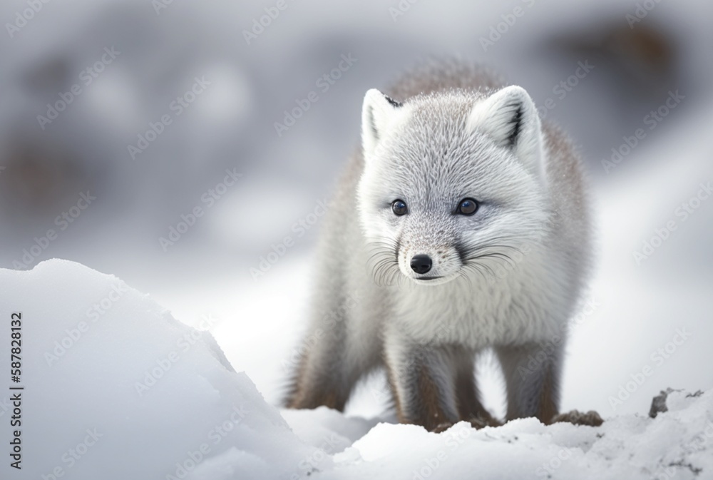 Arctic fox pup (Vulpes Lagopus) in snow habitat, generative ai Arctic fox pup (Vulpes Lagopus) in snow habitat, generative ai