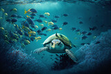 Turtle in the blue waters. World ocean day, environmental protection concept. AI generative