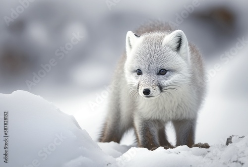 Arctic fox pup  Vulpes Lagopus  in snow habitat  generative ai