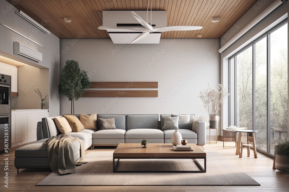 cozy living room with comfortable furniture and a functional ceiling fan. Generative AI cozy living room with comfortable furniture and a functional ceiling fan. Generative AI