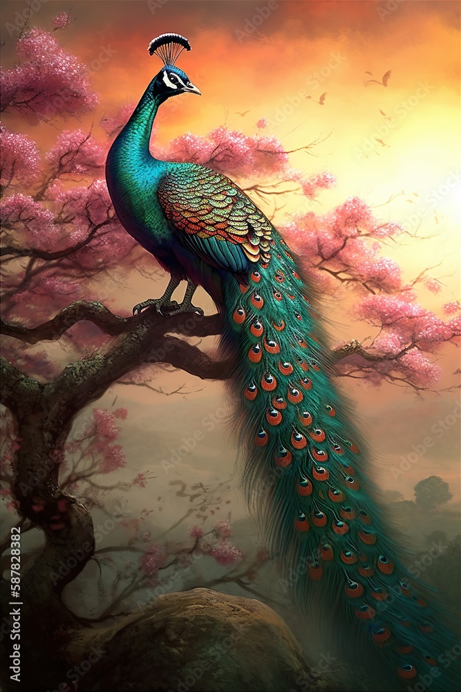 Fototapeta premium Beautiful Peacock in Fantasy World. Poster