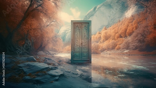 A closed door between the river and the mountain, myterious, generate by AI photo