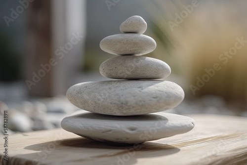 Zen stones on empty wooden table in blurred garden background  created with Generative AI