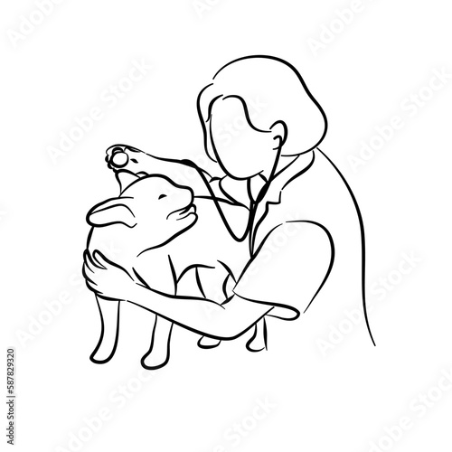doodle style hand drawn, medicine, pet, animals, health care and people concept - happy veterinarian or doctor with golden retriever dog and clipboard at vet clinic