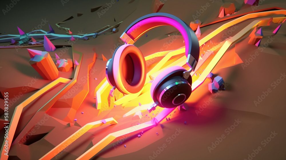 Obraz premium 3D Headphones drop, cool illustration of headphones in cyber punk style