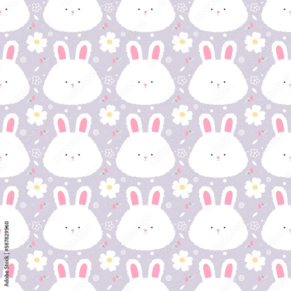 White fluffy bunny and flowers pattern on the purple background