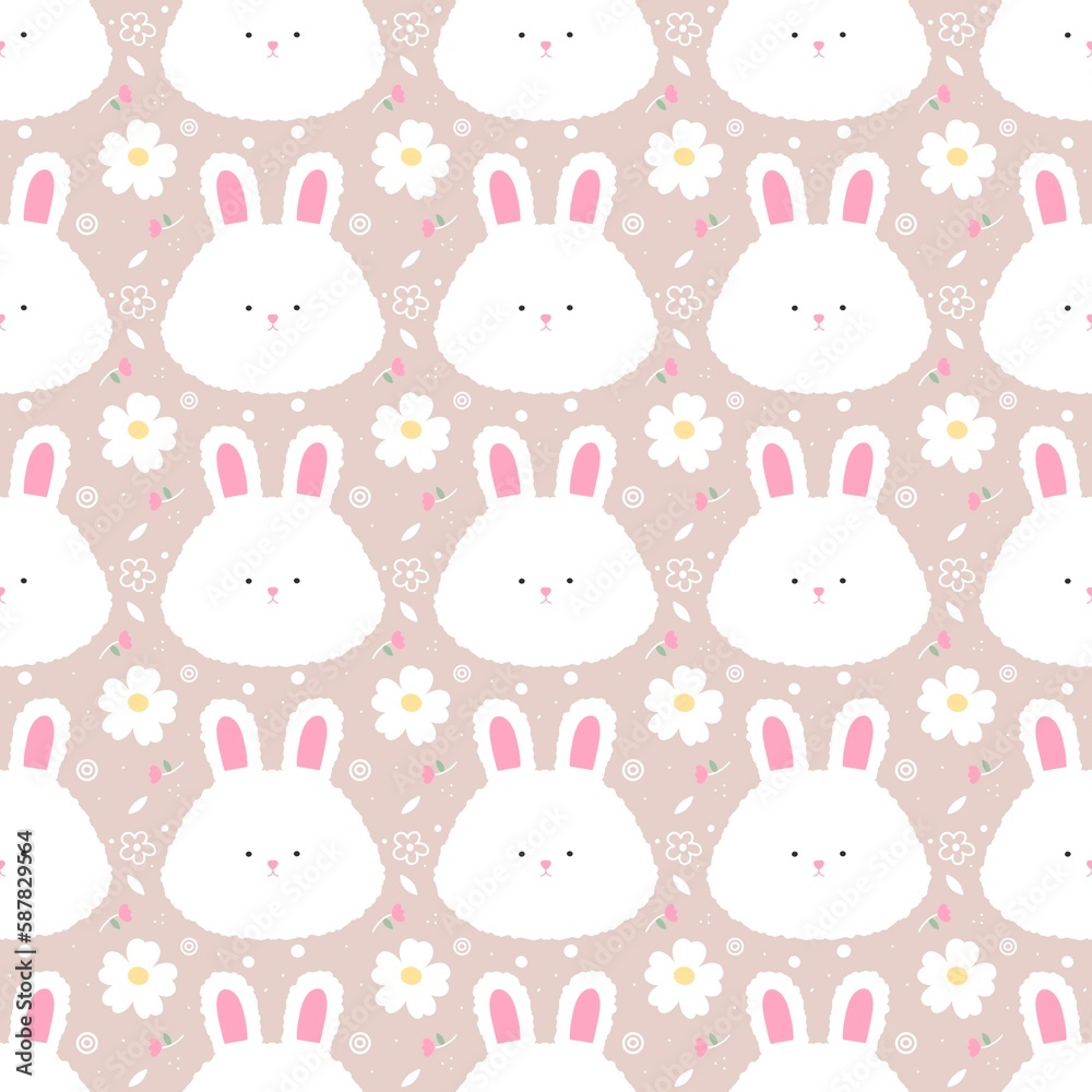 White fluffy bunny and flowers pattern on the brown background