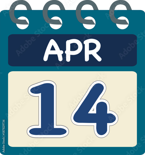 Flat icon calendar 14 of Apr. Date, day and month. Vector illustration . Blue teal green color banner. 14 Apr. 14th of Apr.