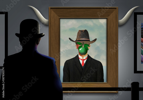 Texas art gallery version painting of man with an apple in his face. He is a cowboy wearing a cowboy hat and the art patron in the gallery is wearing a bowler hat.