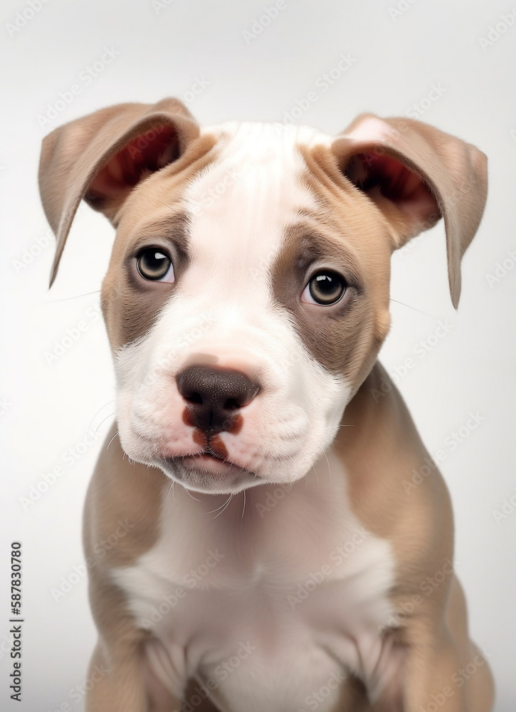 A cute and very adorable white and brown pitbull puppy.