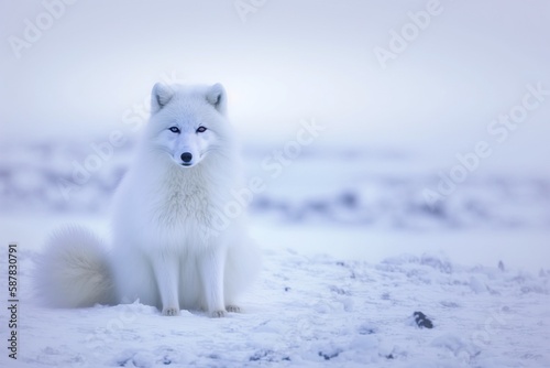 region fox in the snow, photo of arctic fox sitting on snow with space for text
