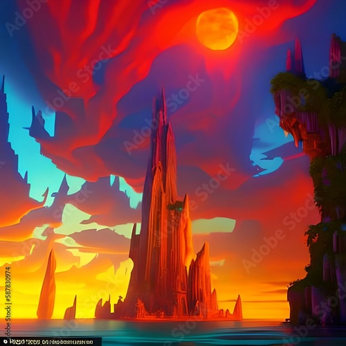 illustration painting of Abstract fantasy landscape, ancient stone temple, neon sunset. Fantasy city on the coast. Atlantis, the lost underwater city. 3D illustration © Mstluna
