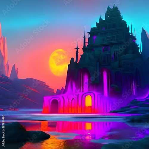 illustration painting of Abstract fantasy landscape, ancient stone temple, neon sunset. Fantasy city on the coast. Atlantis, the lost underwater city. 3D illustration