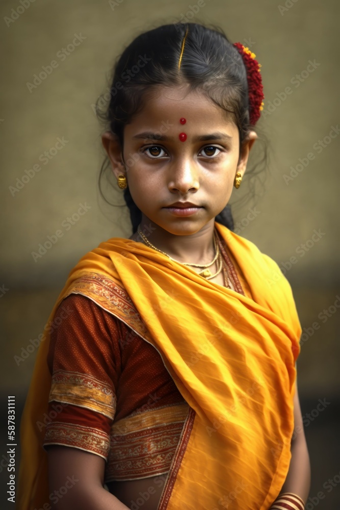 Portrait of cute little girl is posing for a photo wearing yellow saree. AI generated, human enhanced Portrait of cute little girl is posing for a photo wearing yellow saree. AI generated, human enhanced
