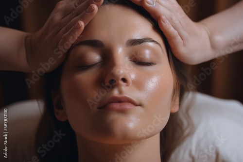 A woman in a beauty salon on a facial massage by a beautician massage therapist. AI generated  human enhanced
