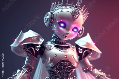Cinematic Shot of Detailed Cute Robot in Designer Ballgown with Diamond Tiara and Earrings in Sharpened 8K featuring Marcin Nagraba and Rebecca Mille, Generative ai photo